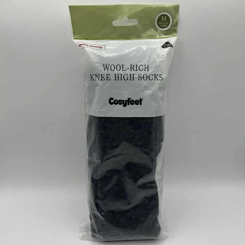 Cosyfeet Wool-Rich Knee High Socks Grey Extra Roomy Size M 6-11 2 Pairs Merino